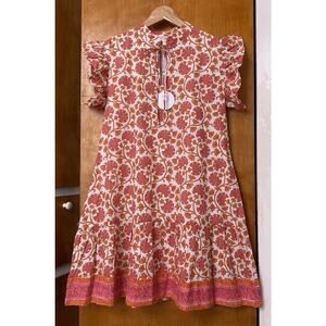 Victoria Dunn Pink Block Print Mini Dress Preppy Flutter Sleeve Ruffle Sz L Boho